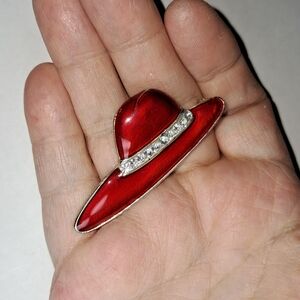 Red Enamel Floppy Hat Brooch Pin w/ Rhinestone Band